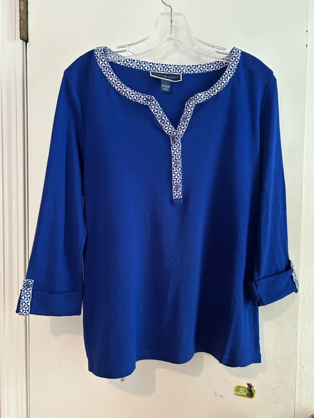 Karen Scott Blue Split-Neck Tunic with Printed Trim size large